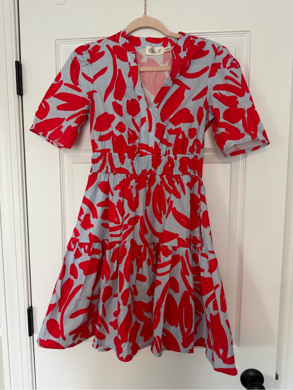 Eliza J Red Floral Print V-Neck Tiered Mini Dress